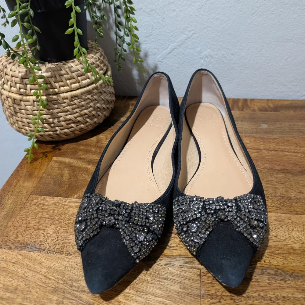 Tory Burch Esme Black Suede Rhinestones‎ Flat Shoes-sz9.5  ~Stylish - Picture 3 of 12